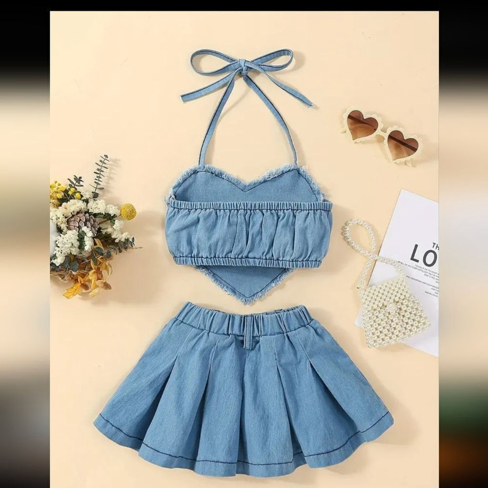 Adorable Denim Heart Halter Top and Skirt Set for Girls Summer Beach Outfit‎ - Picture 2 of 4